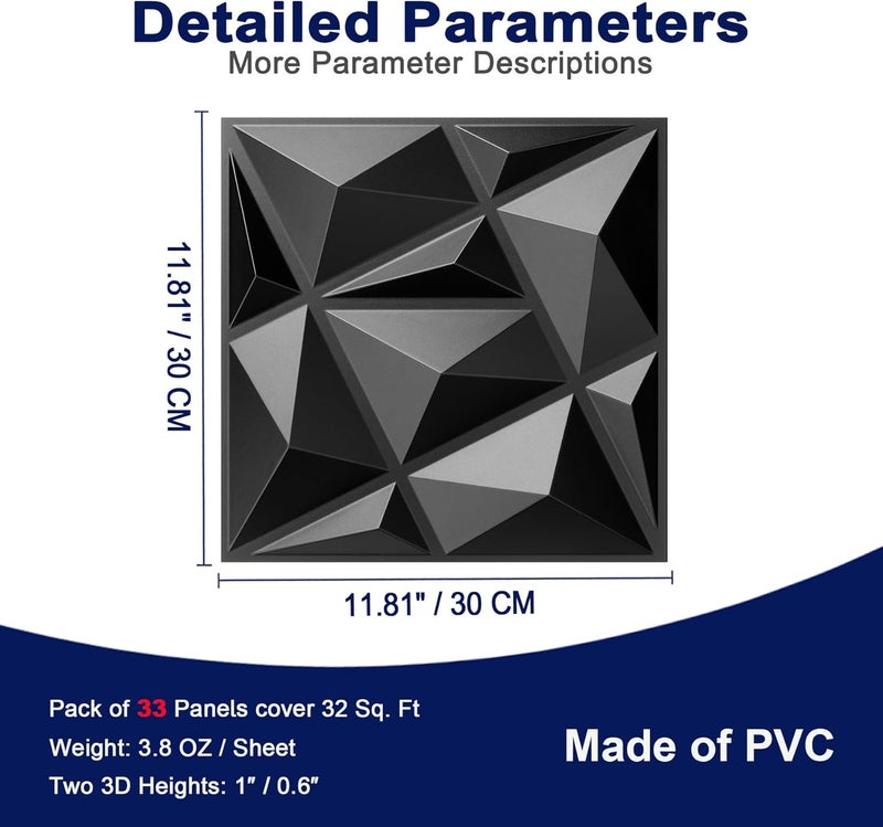 MIX3D 33 Pack 3D Wall Panels, Modern Diamond Textured Design for Interior Wall Decor in Living Room Bedroom Game Room Office Hotel, Black, 12'' x 12'' Cover 32 Sq. Ft - Image 3